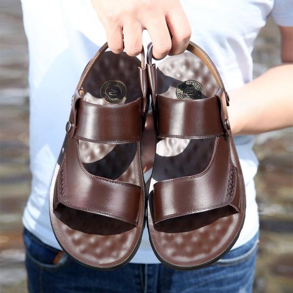 

sandals fashion summer leisure beach travel men shoes genuine leather men's breathable walking, Black