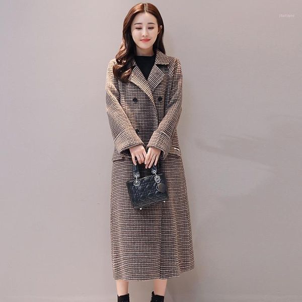 

women's wool & blends grid elegant trench maxi coat warm long over the knee autumn winter korean overcoat loose thickened plaid jacket, Black