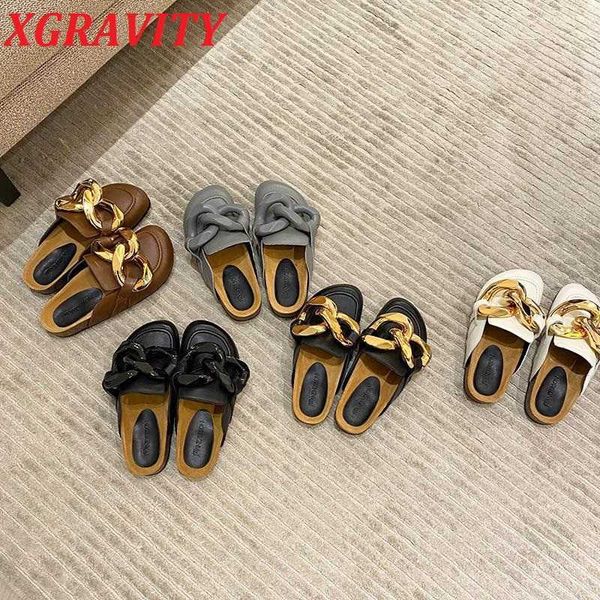 

xgravity big chain closed toe ladies slides fashoin women loafer new summer shoes flat slippers for women female mules shoe 210429, Black