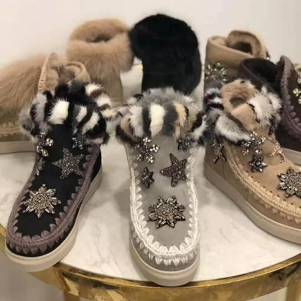 

boots bling crystal fur flats women flower embroidery trim winter wool warm ankle designer shoes 2021, Black