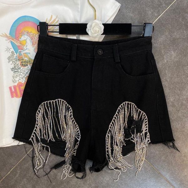 

fabpop 2021 spring summer new arrivals ripped holes tassel black denim shorts streetwear women ga142, Blue