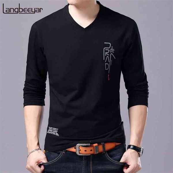 

new fashion brand t shirt for men korean boyfriend gift trending streetwear v neck print long sleeve tee men clothes 210329, White;black