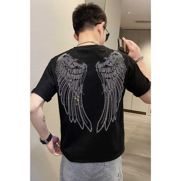

w0582 summer short sleeve social guy micro wide t-shirt drilling tide men's bottom shirt back wing nightclub work clothes, White;black