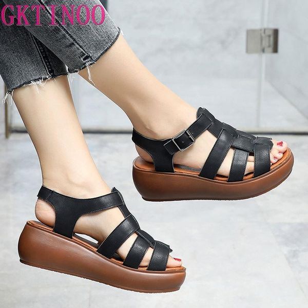 

dress shoes gktinoo 2021 genuine leather gladiator sandals for women wedges ladies high heel casual platform summer, Black