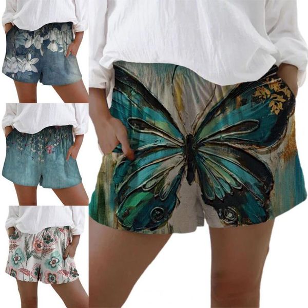 

women's shorts summer high waist wide leg printed loose women mid rise pocket short pants pure cotton casual holiday trousers, White;black