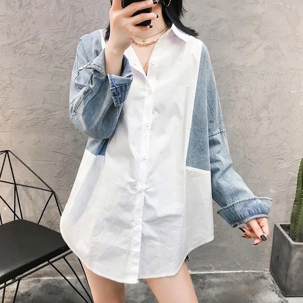 

women's blouses & shirts [ewq] female casual women clothing denim 2021 autumn coats patchwork white overcoats blusas 16q517
