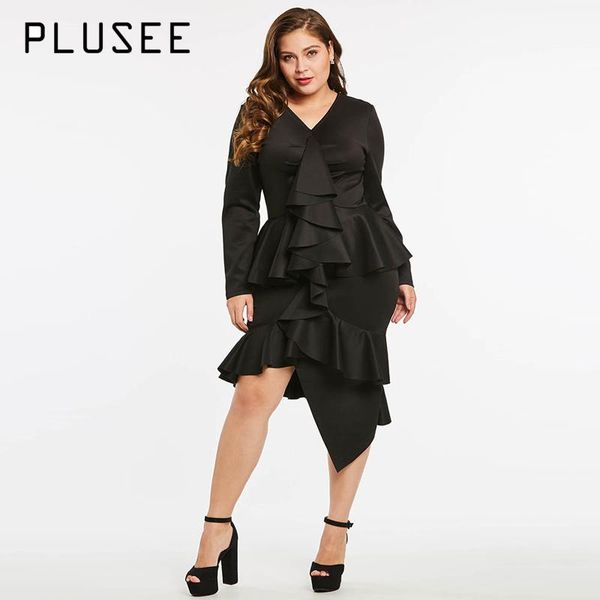

casual dresses plusee women ruffles irregular bodycon dress long sleeve v neck peplum party black l xl xxl, Black;gray