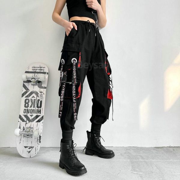 

women's pants & capris 2021 oversized cargo women black harem harajuku hiphop loose high waist korean style trousers femme pantalon, Black;white