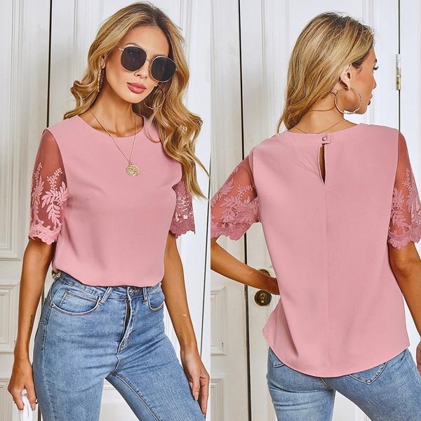 

women's t-shirt fashion lace short sleeve round neck casual ladies pink, White