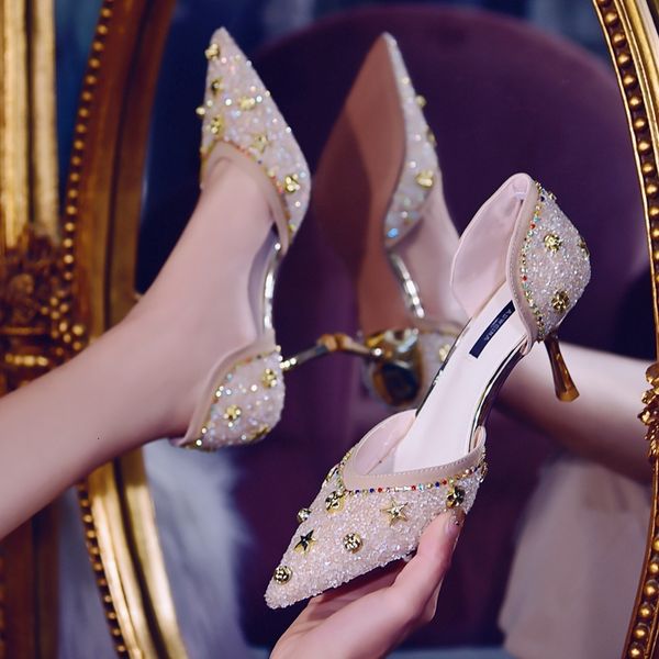 

slippers crystal diamond bridal wedding shoes banquet dress stiletto heels women spring 2021 pointed mid-heel fashion single 38eh, Black