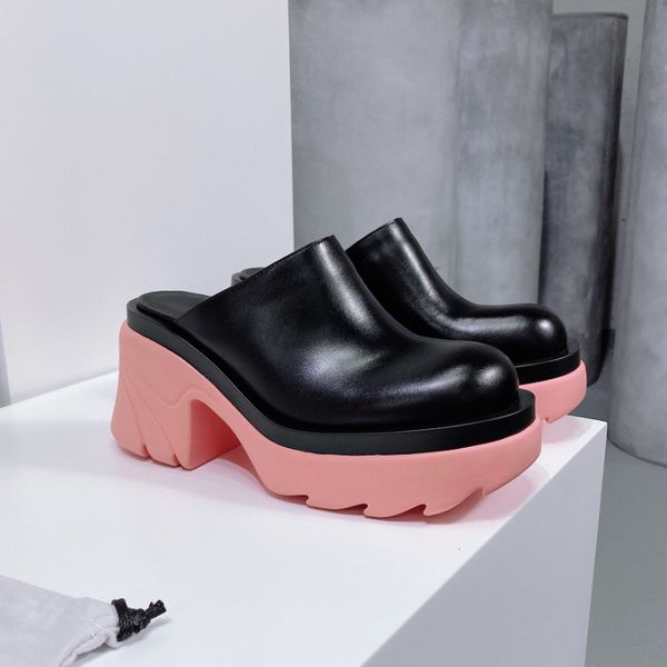 

flash clogs slippers italian calfskin leather chunky mules heels platform shoes runway sandals closed toes luxury designers slides factory f, Black
