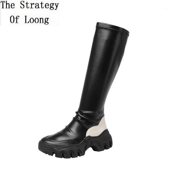 

boots spring autumn fashion slim mixed colors genuine leather women long stretch winter plush ladies knee-high botas 2009061, Black