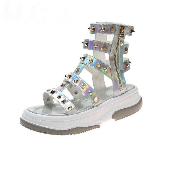 

summer laser colorful rivet sandals thick-soled zipper roman wedge high-women's shoes open toe platform, Black