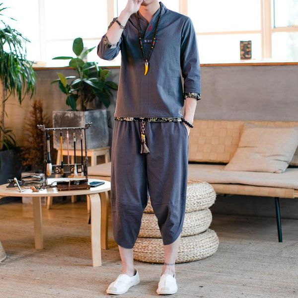 

summer men sport suit linen loose sweatshirt+pant running jogger fitness casual outfit workout yoga set sportswear tracksuit 5xl