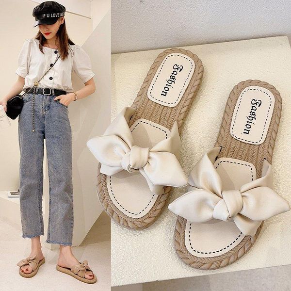 

small fresh straw sandals and slippers women wear bow flat in summer of 2021 women's, Black