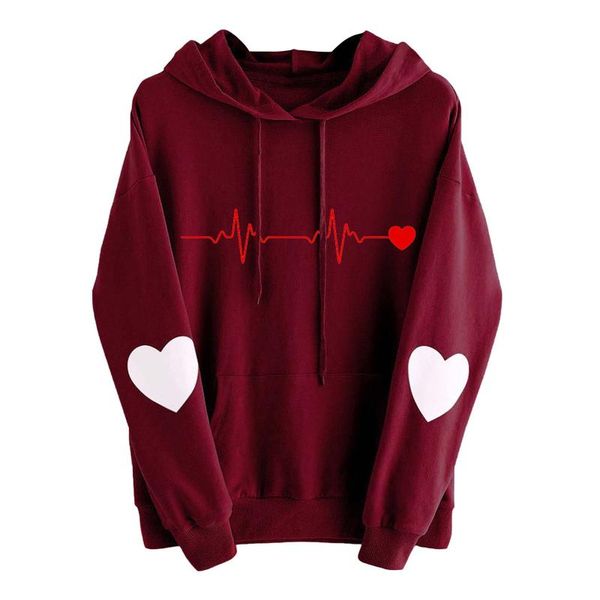 

women's hoodies & sweatshirts women plus size casual heart print pullover harajuku pocket long sleeved autumn hooded streetwear hoo, Black