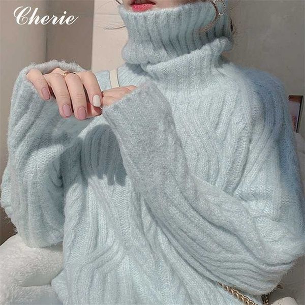 

cherie turtleneck sweater woman blue thicken long sleeve knitting jumper korean autumn winter warm pullover female 211221, White;black