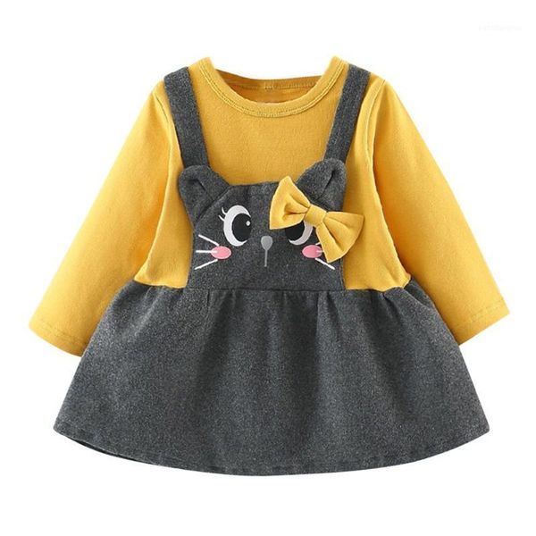 

born baby girls dress toddler kids long sleeve cartoon cat print bow-knot party princess girl's dresses1, Red;yellow