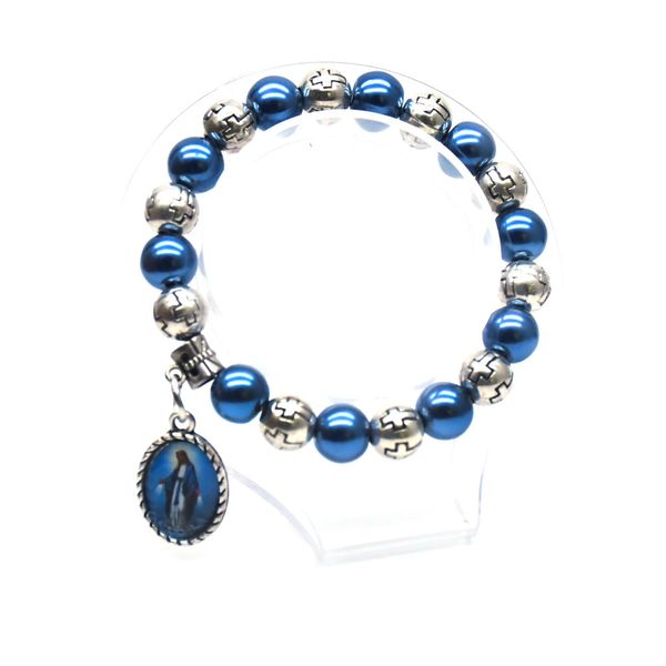 Sapphirine Blue Pearl Rosário Bracelete cruzar Maria Charms Catolicismo Prese