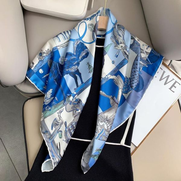 

scarves design print scarf square hijab foulard twill silk kerchief female soft headband 2021 spring wraps bandana hijabs, Blue;gray