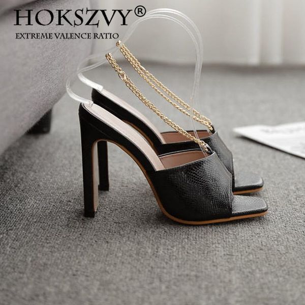 

summer metal chain hollow square heel women sandals fashion stiletto high, Black