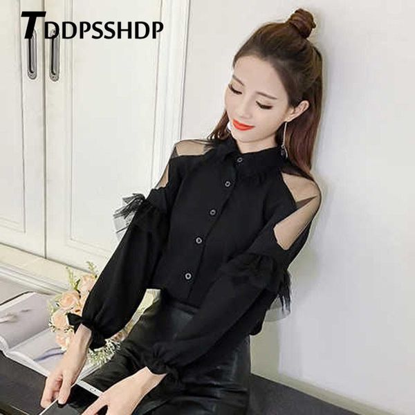 

spring expose shoulder chiffon women blouse black and white sweet lantern sleeve female blouses women's & shirts