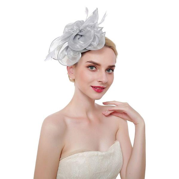 

headpieces 16 color women large ruffles flower fascinator hat vintage solid multi feather tea party duckbill hair clip, Silver