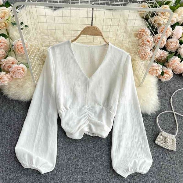 

women long puff sleeve open navel pleated chiffon shirt v-neck high waist slim fashion spring summer 11b367 210525, White