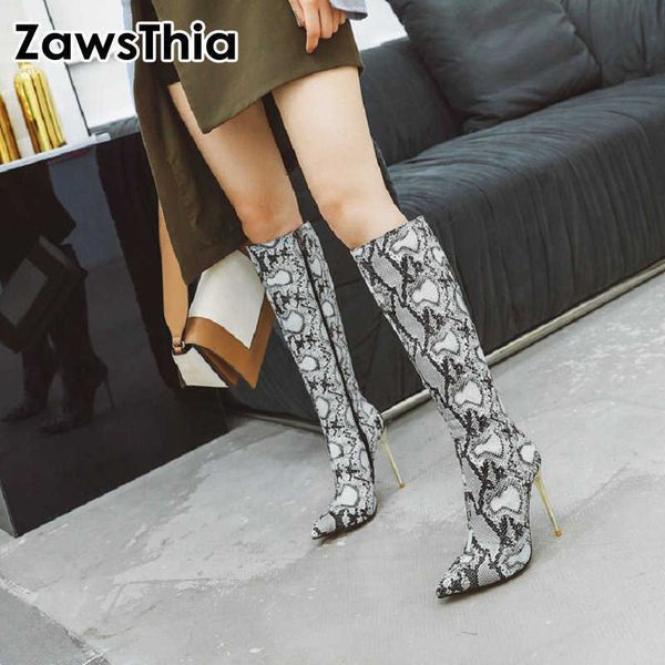 

zawsthia snake leopard print woman boots 10cm super thin high heels stilettos boots women knee high boots size 34-48 210611, Black