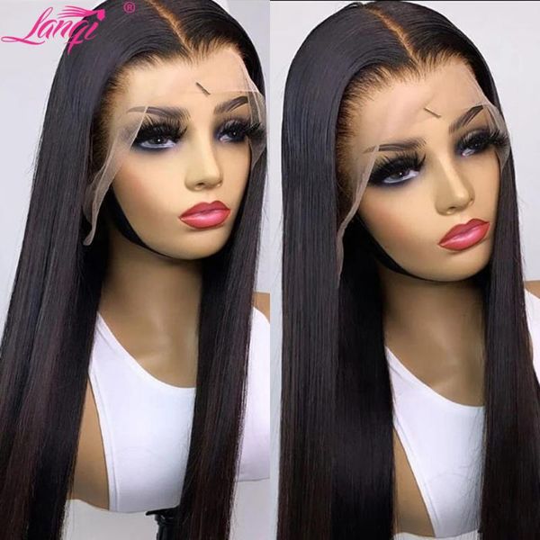 

lace wigs 13x4x1 lanqi 30 inch brazilian straight front wig pre plucked bone t part human hair for women, Black;brown