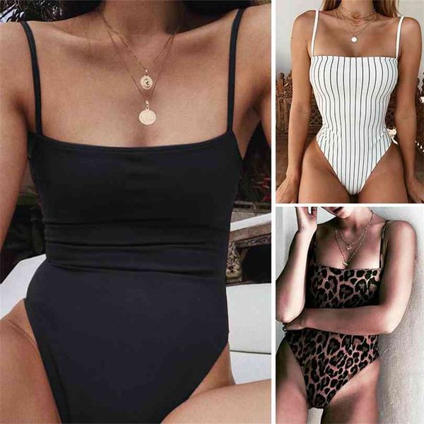 

reversible leopard/solid/stripe bandeau bodysuit monokini female high cut thong swimwear women swimsuit 210728, White;black