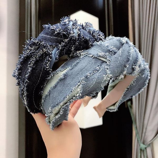 

hair accessories fashion headband for women denim raw edge hoop knotted hairband fabric wide-brimmed folds bezel band