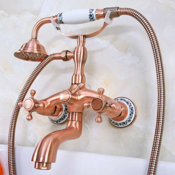 

antique red copper brass wall mounted bathroom clawfoot tub faucet mixer tap telephone shower head dual cross handles ana325 sets