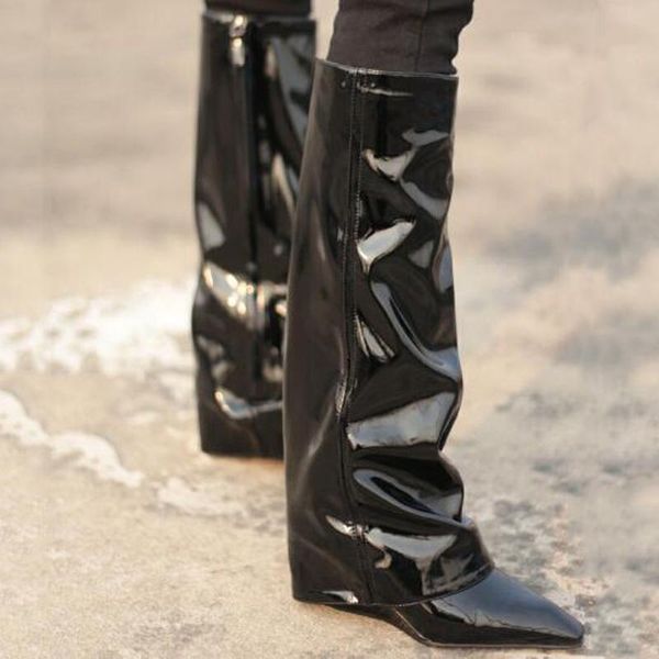 

boots fashion pointed toe straight female knee high zipper patent leather shoes wedge hiden increased heel black women