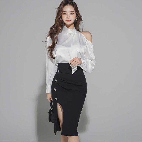 Sonbahar Kadın Setleri Kore Tarzı Yay Uzun Kollu Beyaz Gömlek + Yüksek Bel Bodycon Kalem Etek Ofis OL Suits 210529