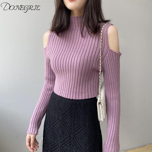

autumn winter women knit pullovers long sleeve casual sweater pull jumpers women's high neck strapless knitwear femal sweaters, White;black