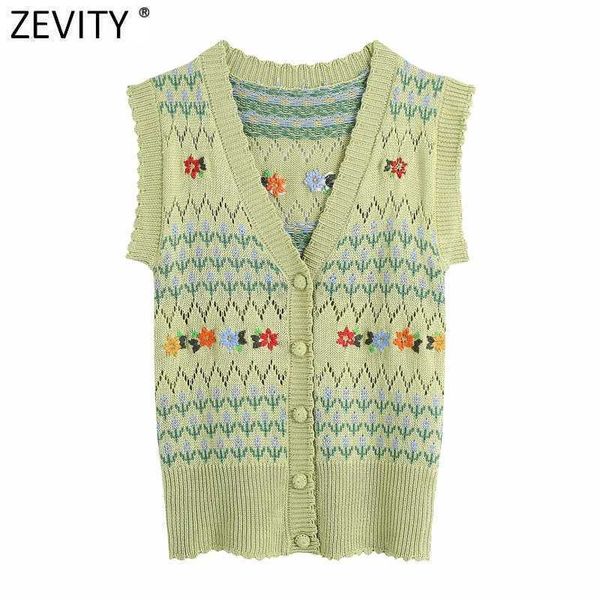 ZEVITY Kadınlar Moda V Boyun Çiçek Nakış Tığ Örme Kazak Kadın Chic Kolsuz Hırka Yelek Tops SW833 210603