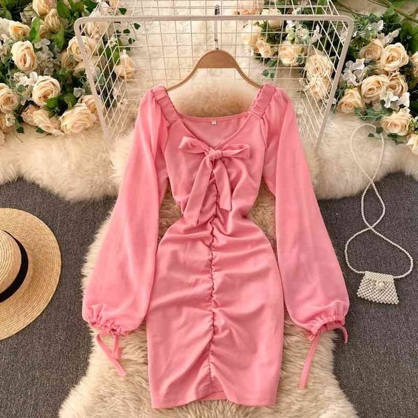 

casual dresses korean spring summer dress a-line vintage womens v-neck bowknot puff sleeves folds slim hip vestido s0en, Black;gray