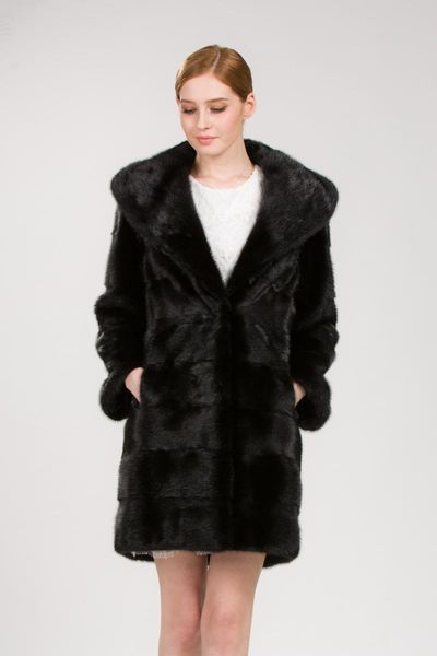

women's fur & faux big hooded black mid-long striped cut full pelt woman fashion mink coar