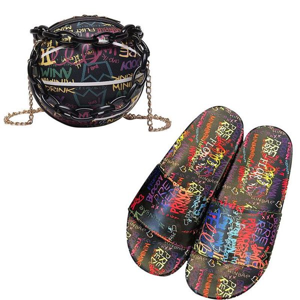 

fashion graffiti slides and basketball purses set flat casual sandals handbags bag that matches shoes women slippers summer, Black