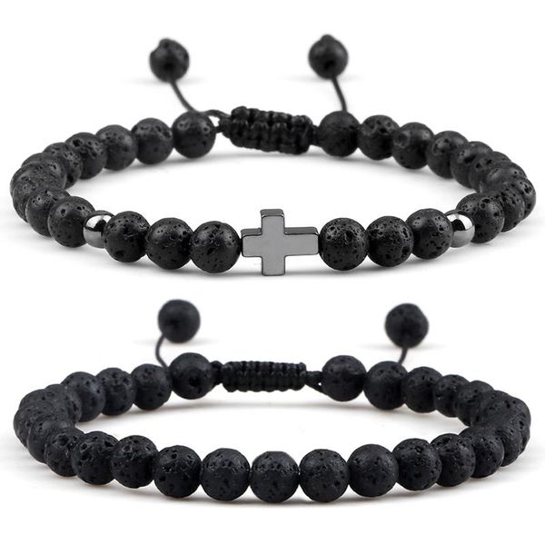 

beaded, strands 6mm natural stone bracelets women men simple handmade lava tiger eye beaded cross braided bracelet fashion yoga jewelry puls, Black