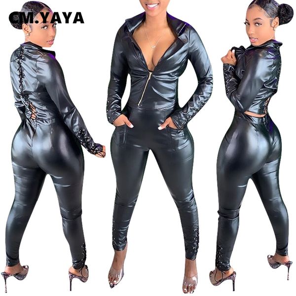 

activewear faux leather womens set lace up zipper jaet legging pants set moto biker trasuit two piece set outfitsby air, White