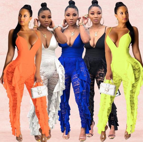 

women's jumpsuits & rompers autumn women spaghetti strap v-neck open back ruffles side lace see though jumpsuit club party romper plays, Black;white