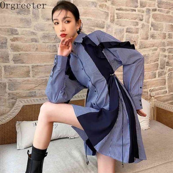 

striped patchwork shirt dress women spring fall lapel single breasted contrast color long sleeve mini dresses for 210602, White