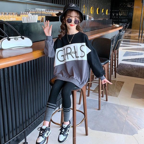 

clothing sets spring and autumn girls color matching suit, big children's sweatshirt sportswear 2021 girl two-piece set, White