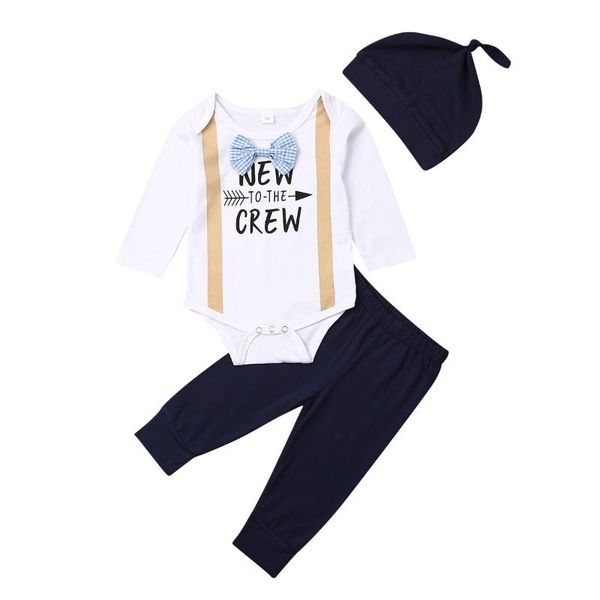 

clothing sets born baby boys 0-18m clothes to the crew romper+leggings pants+hat 3pcs gentleman outfits set, White