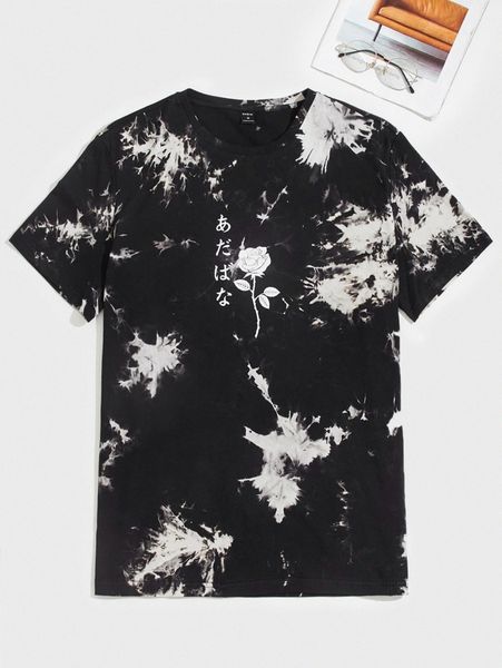 

men tie dye rose & japanese letter graphic tee 08vz#, White;black