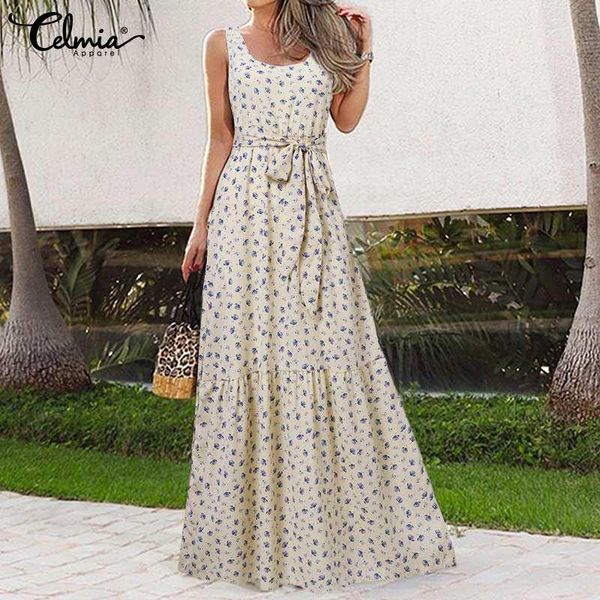 

casual dresses 2021 women celmia round neck vestidos summer fashion sleeveless floral print belted long dress loose holiday maxi robe, Black;gray