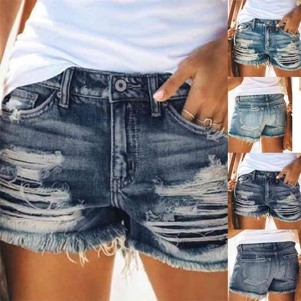 Denim Shorts Donne Jeans Breve Jeans Estate Sexy Media Metà Foro Strappato Moda Casual Slim Lady Pants Streetwear 210621