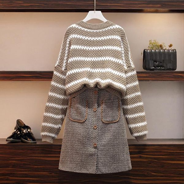 

women's tracksuits jsxdhk -4xl large size women sweater two piece set winter striped knitted thick loose pullovers + woolen a line ski, Gray